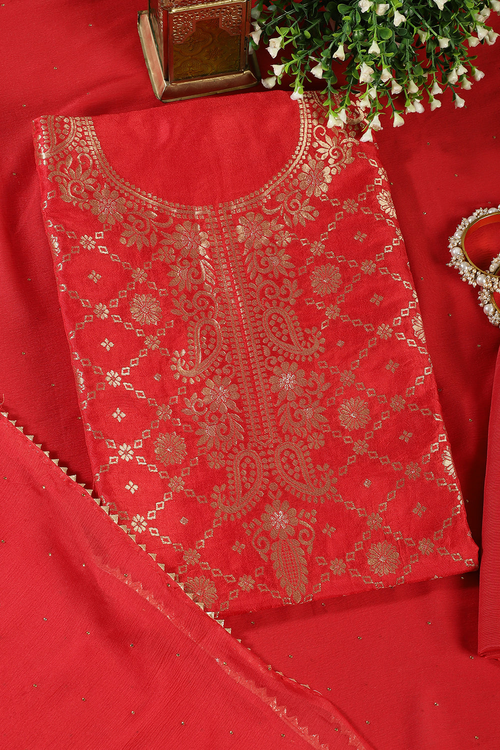 Res Silk Banarsi Zari Woven Unstitched Suit Fabric