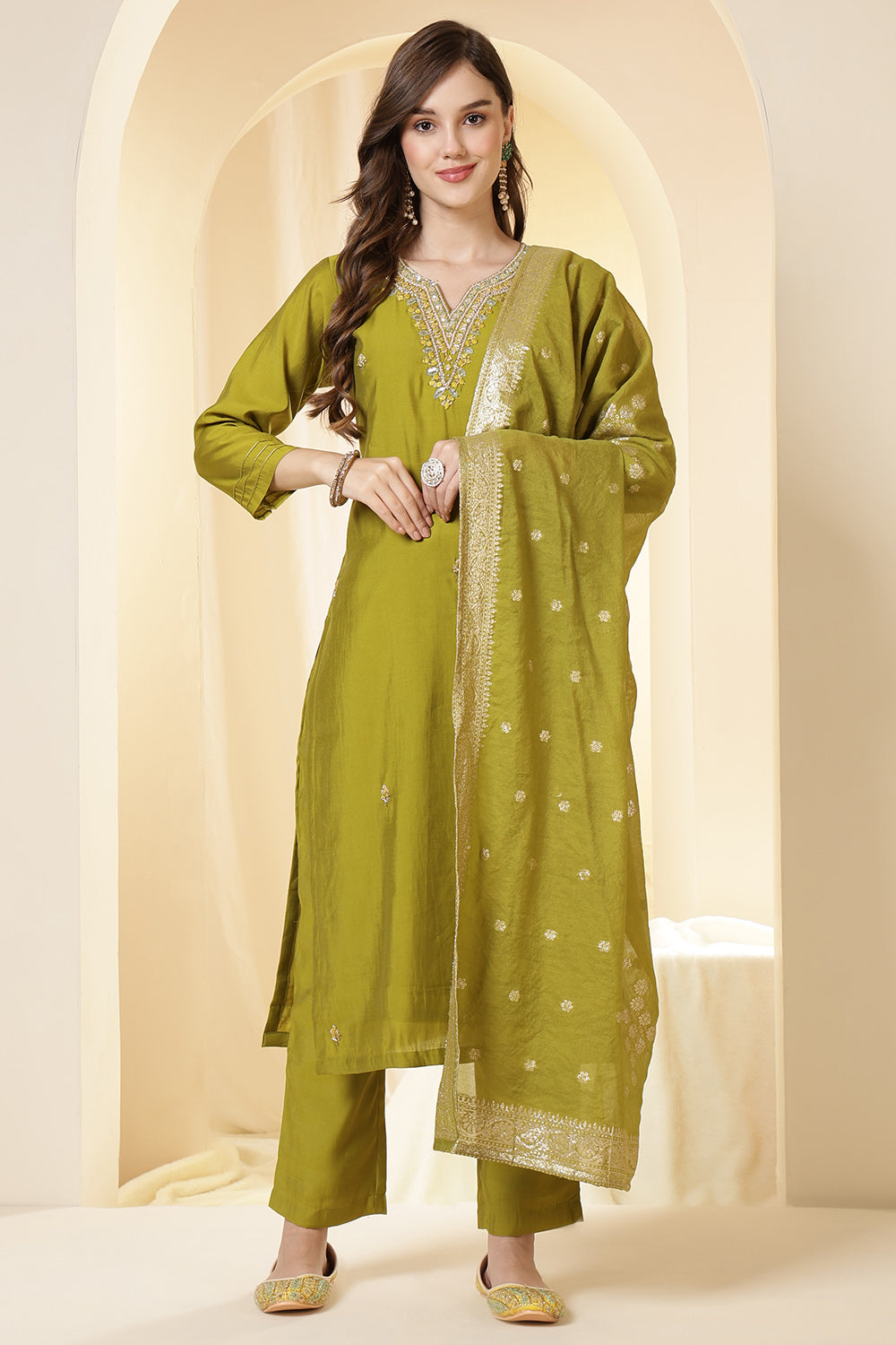 Green Silk Embroidered Suit Set