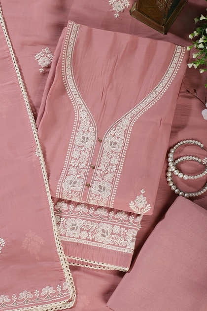 Dusty Pink Muslin Resham Embroidered Unstitched Suit Material