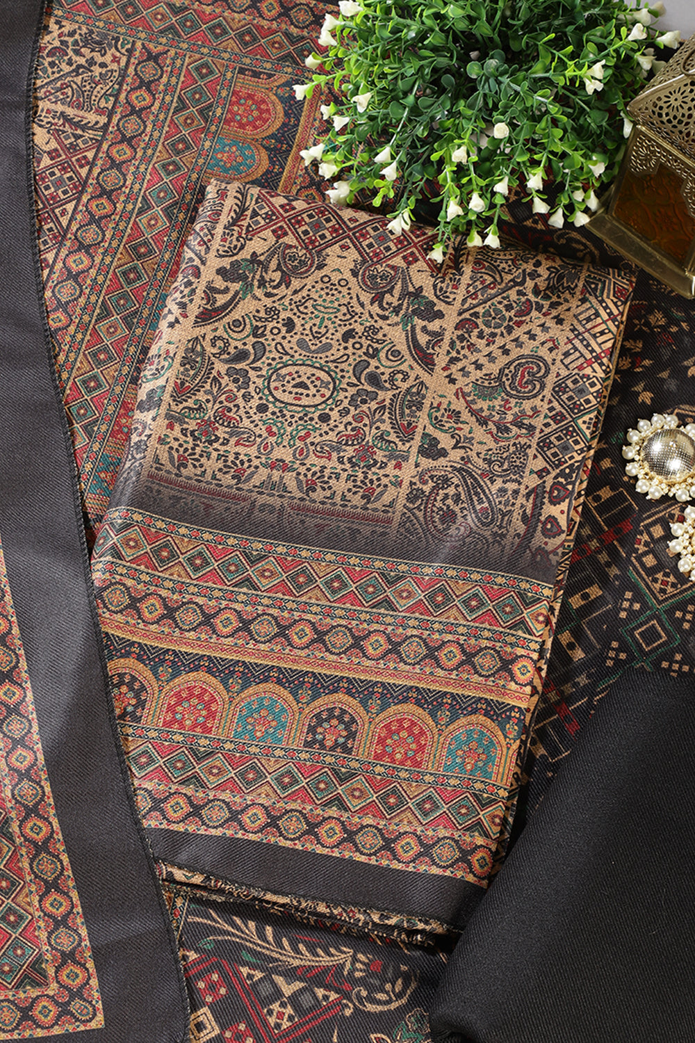 Black Pashmina Digital Printed Unstitched Suit Material