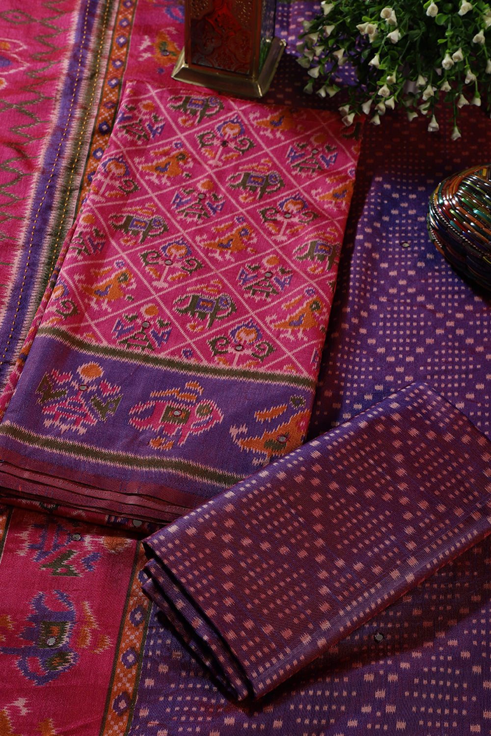 Fuchsia Crepe Silk Woven Embroidered Unstitched Suit Fabric