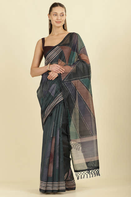 Teal Organza Cotton Printed Saree