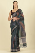 Teal Organza Cotton Printed Saree
