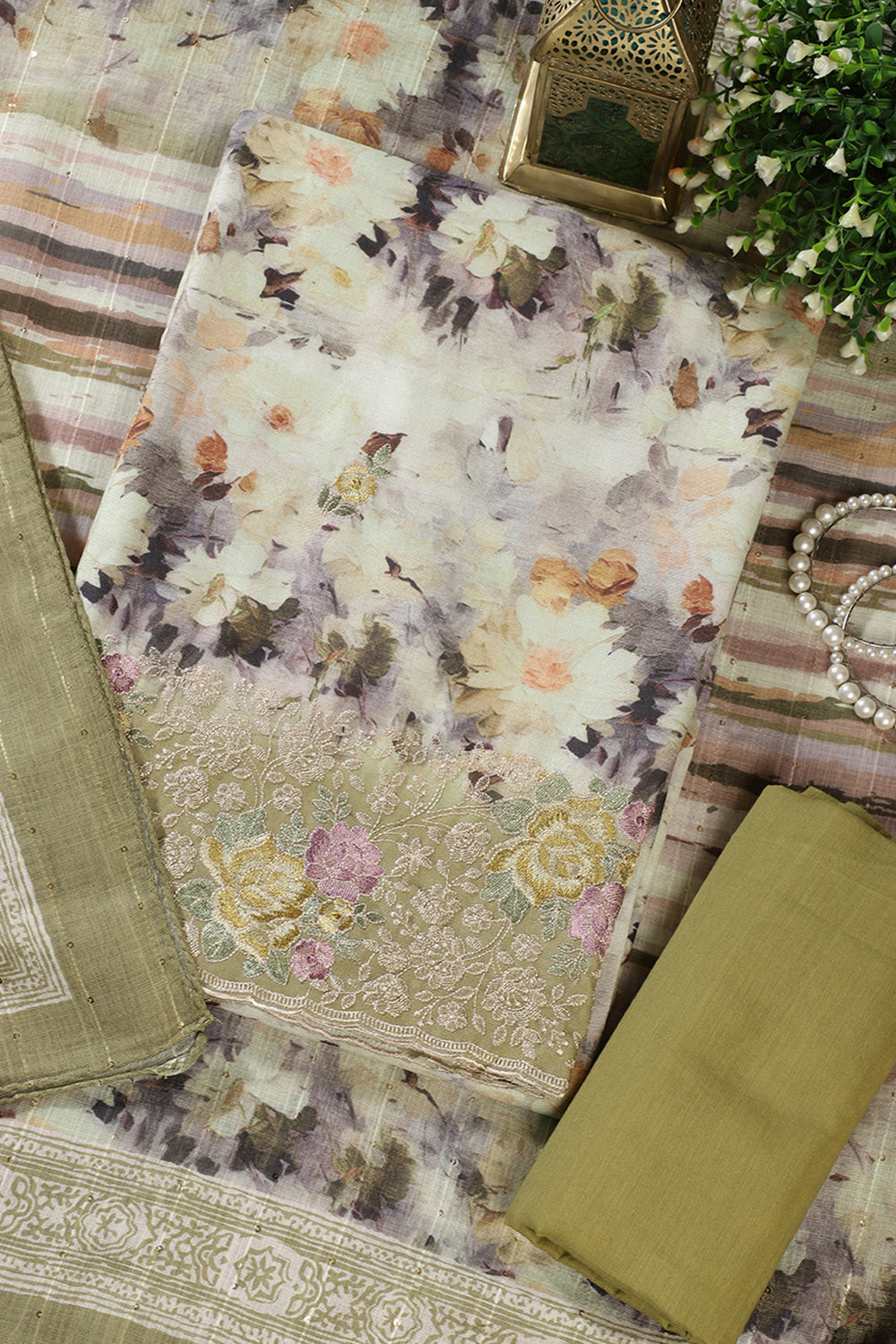 Olive Green Cotton Floral Printed And Hemline Embroidered Unstitched Suit