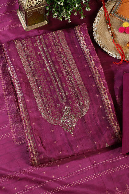 Purple Silk Zari Woven And Bandhani Printed Unstitched Suit Fabric
