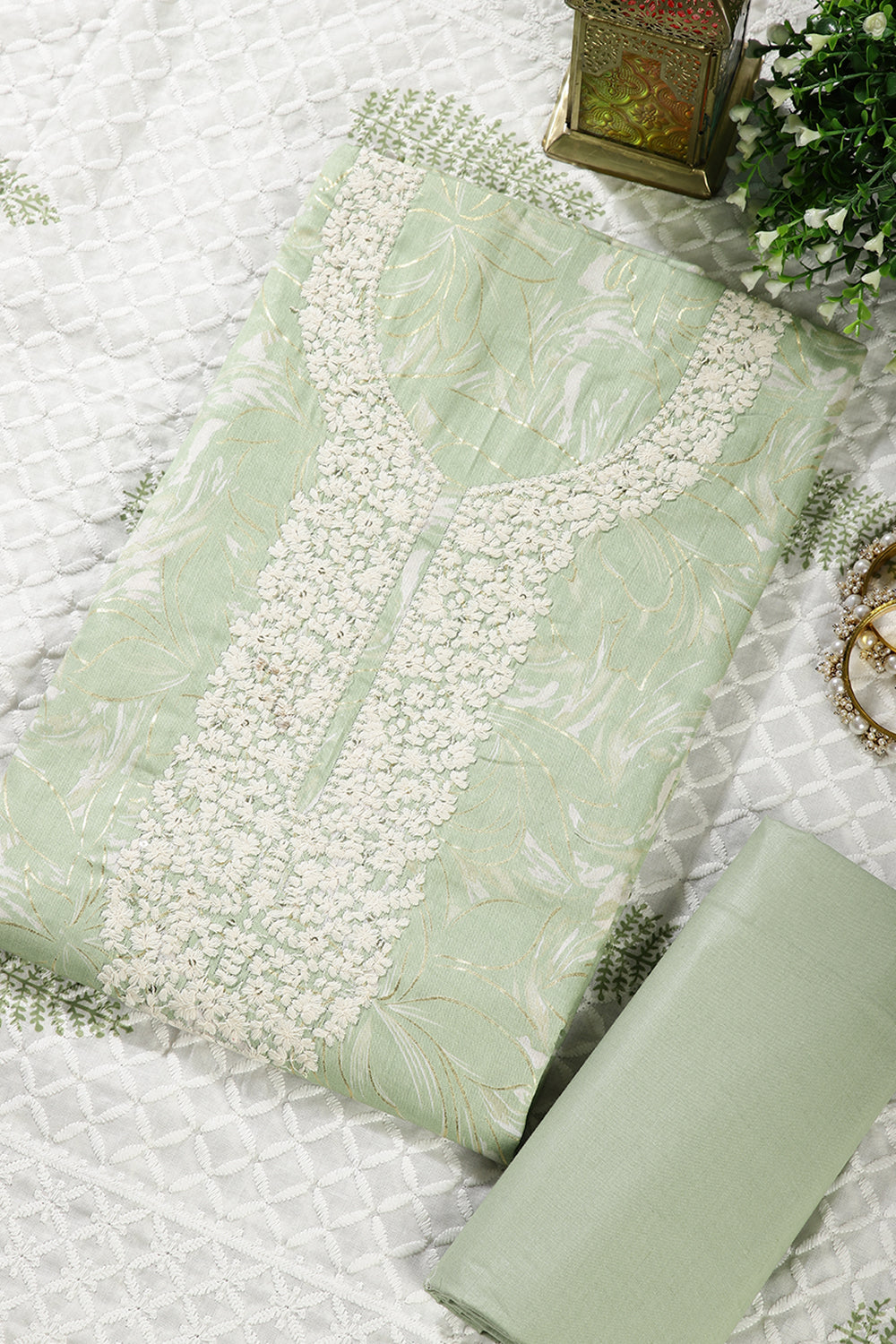 Pista Green Colour Cotton Printed & Resham Neck Embroidered Unstitched Suit