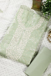 Pista Green Colour Cotton Printed & Resham Neck Embroidered Unstitched Suit