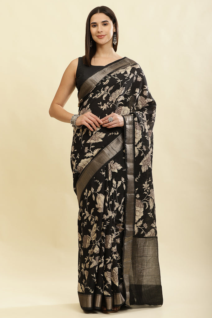 Black Cotton Silk Floral Printed & Zari Border Saree
