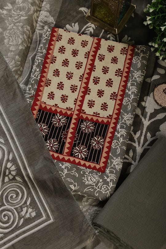 Greyish Green Mirror Work And Printed Cotton Unstitched Suit Material