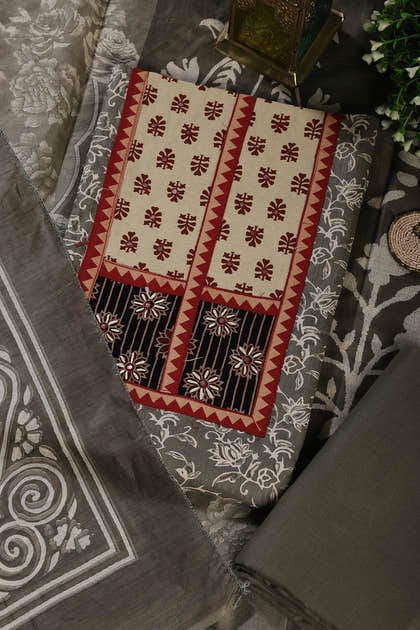 Greyish Green Mirror Work And Printed Cotton Unstitched Suit Material
