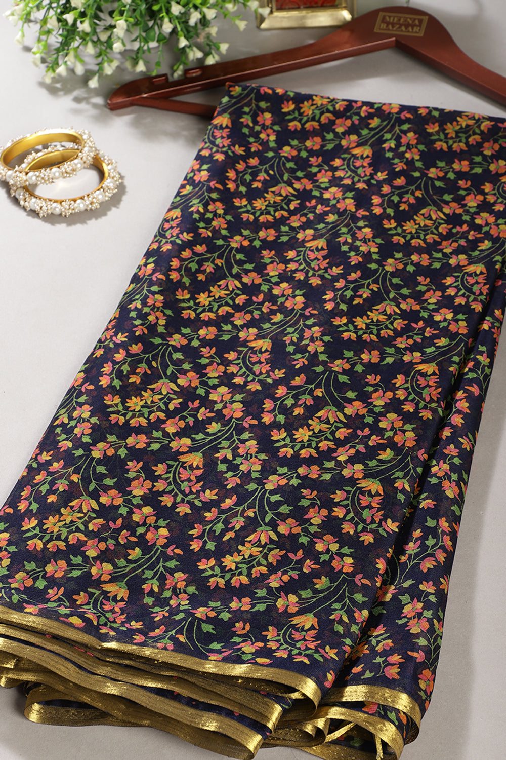 Navy Color Chiffon Floral Zari Border Printed Saree