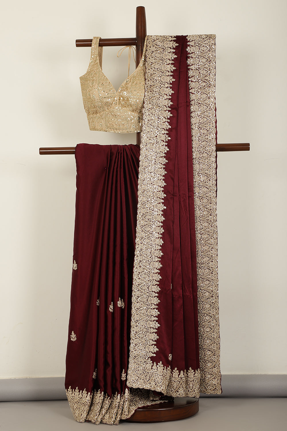 Burgundy Color Pure Satin Crepe Saree with Zardozi Handwork