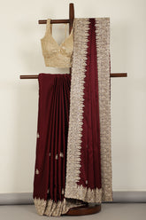Burgundy Color Pure Satin Crepe Saree with Zardozi Handwork