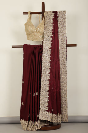 Burgundy Color Pure Satin Crepe Saree with Zardozi Handwork