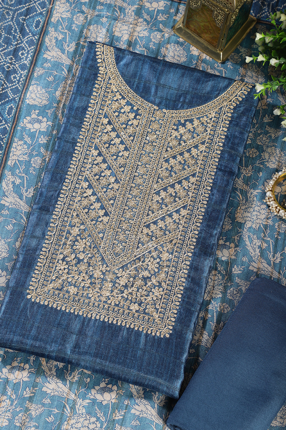 Blue Tussar Silk Neck Zari Embroidered Unstitched Suit