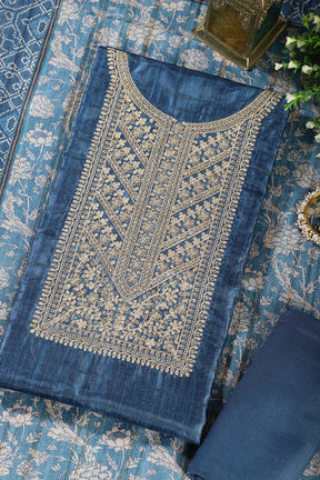 Blue Tussar Silk Neck Zari Embroidered Unstitched Suit