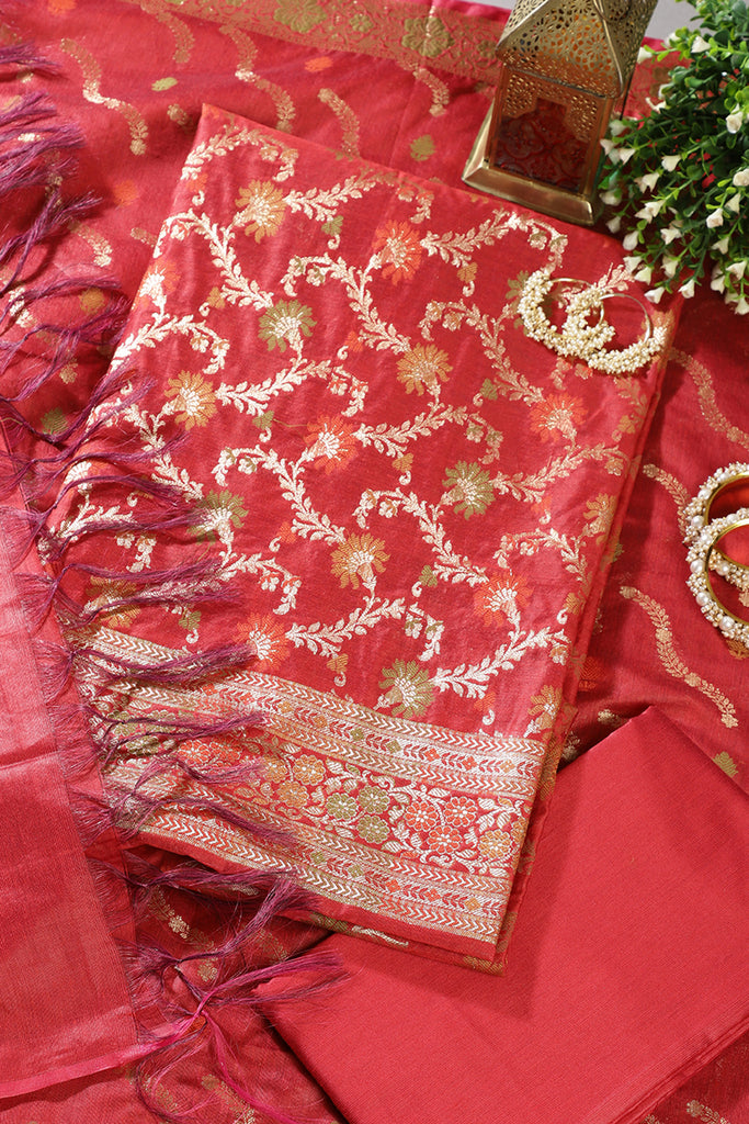 Red Chanderi Silk Resham And Zari Woven Unstitched Suit Material