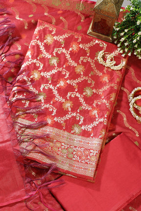 Red Chanderi Silk Resham And Zari Woven Unstitched Suit Material