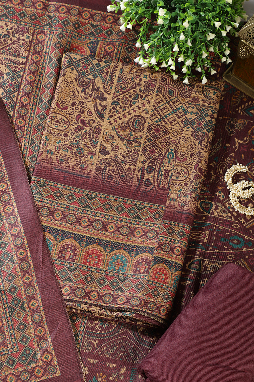 Wine Pashmina Digital Printed Unstitched Suit Material
