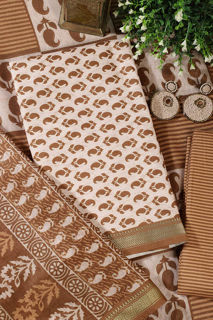 Cream & Brown Cotton Dabu Block Print Unstitched Suit Material