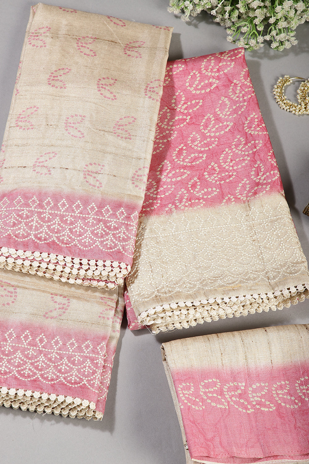 Pink Color Tussar Silk Bandhani Printed Unstitched Suit Material