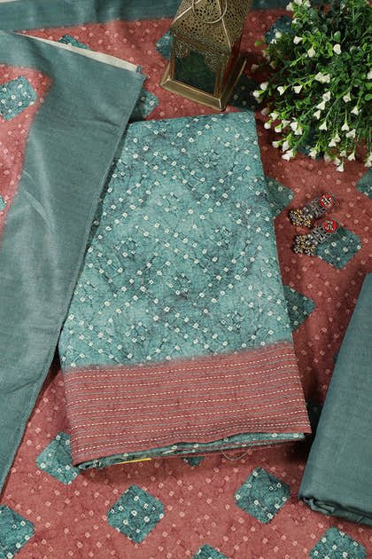 Teal Green Spun Bandhani Printed Unstitched Suit Fabric