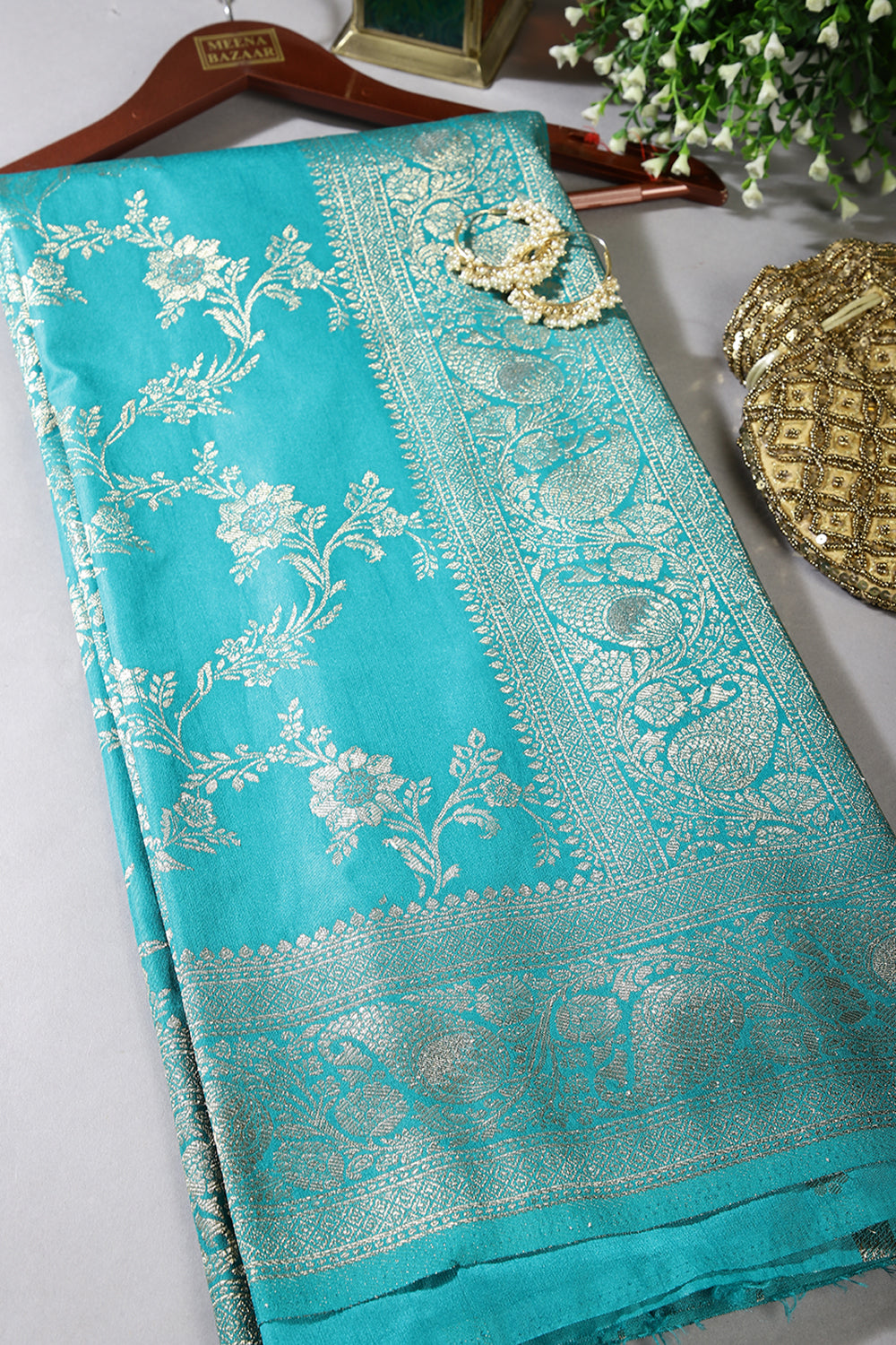 Teal Color Zari Woven South Silk Saree