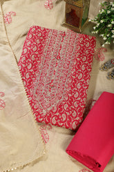 Cardinal Red Cotton Digital Buta-Printed & Neck Embroidered Unstitched Suit