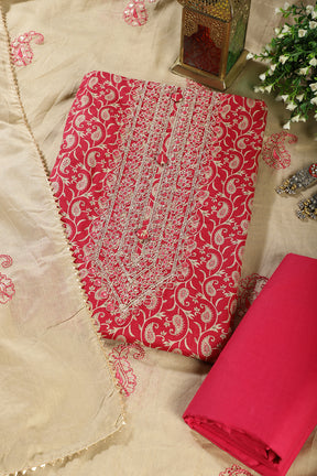 Cardinal Red Cotton Digital Buta-Printed & Neck Embroidered Unstitched Suit