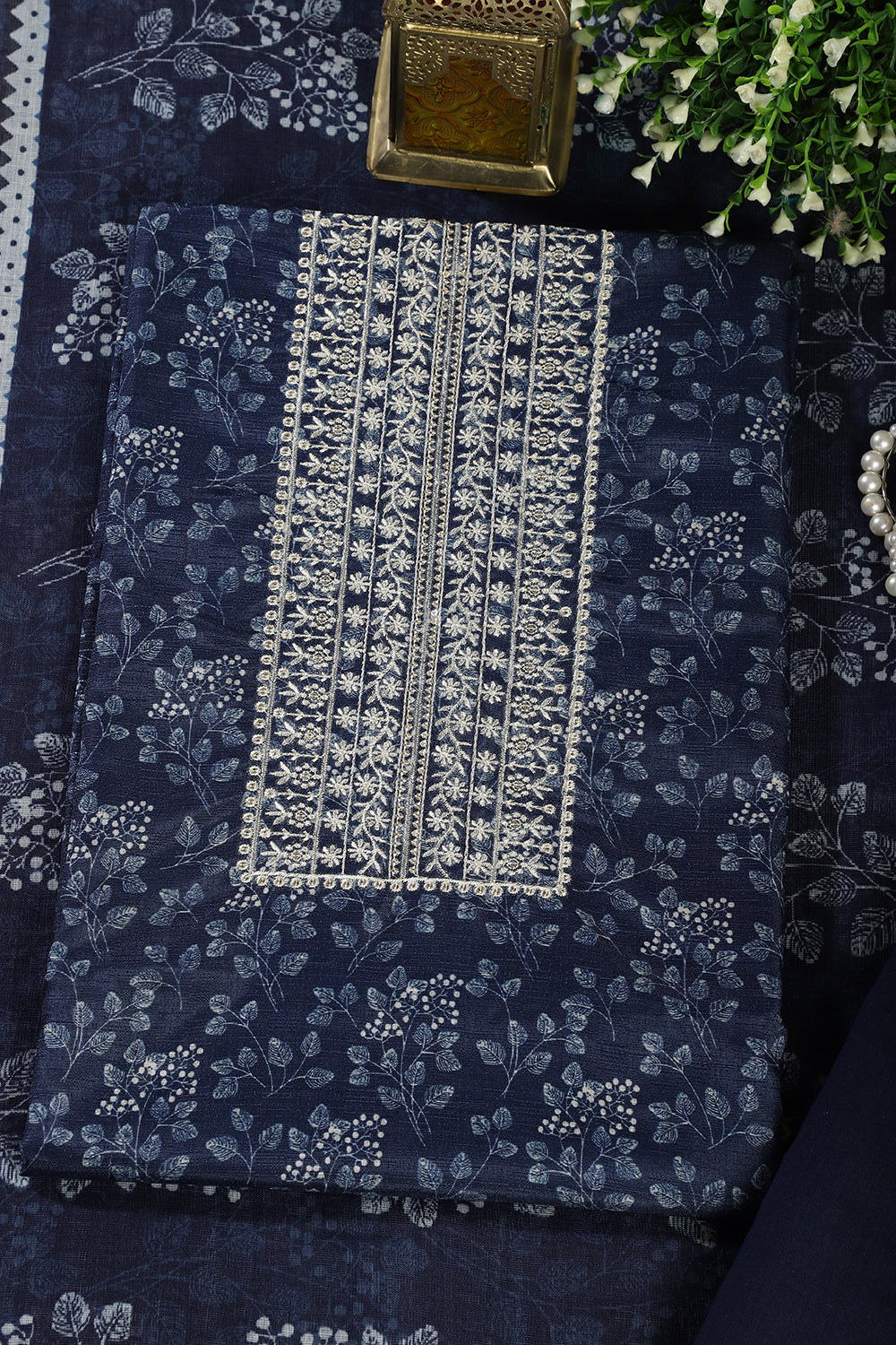 Navy Blue Cotton Silk Blossom Printed and Neck Embroidered Unstitched Suit