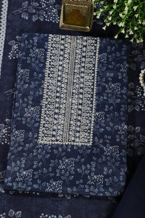 Navy Blue Cotton Silk Blossom Printed and Neck Embroidered Unstitched Suit