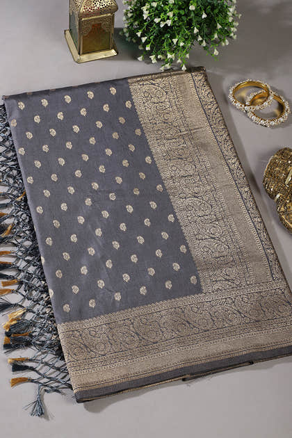 Grey Silk Zari Buta Woven Saree