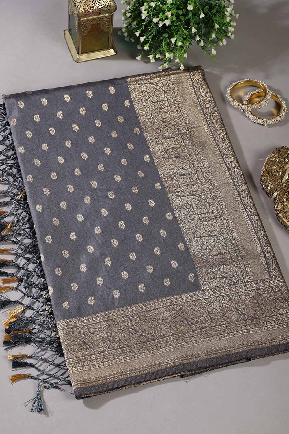 Grey Silk Zari Buta Woven Saree