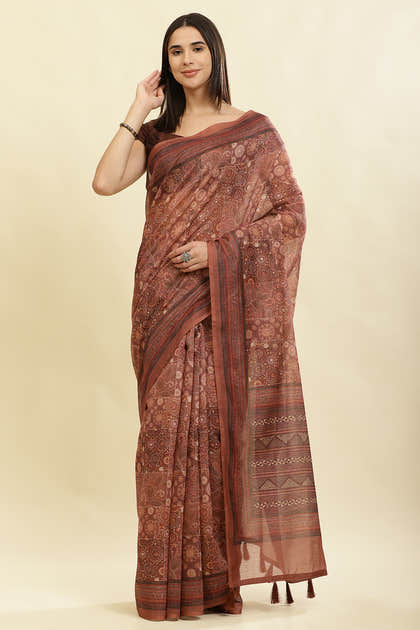 Brown Cotton Silk Printed Saree