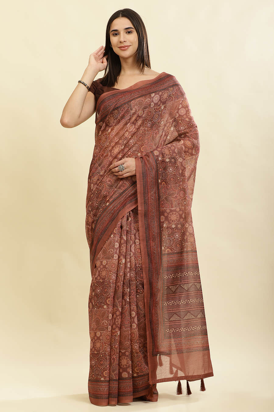 Brown Cotton Silk Printed Saree