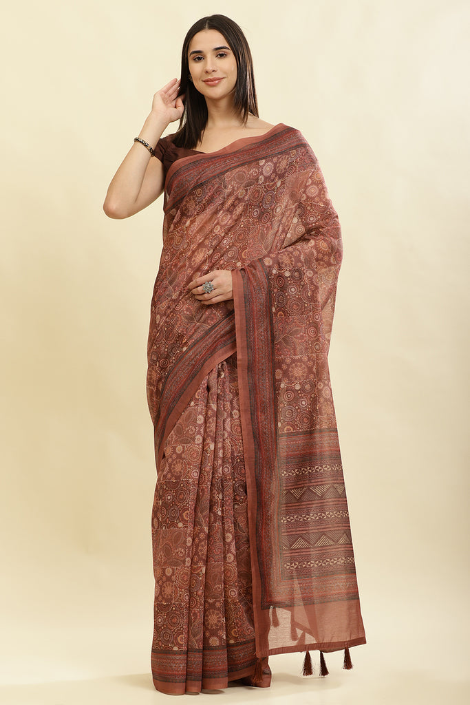 Brown Cotton Silk Printed Saree