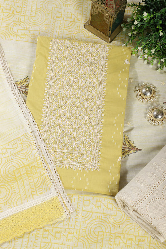 Mustard Colour Cotton Printed & Resham Neck Embroidered Unstitched Suit