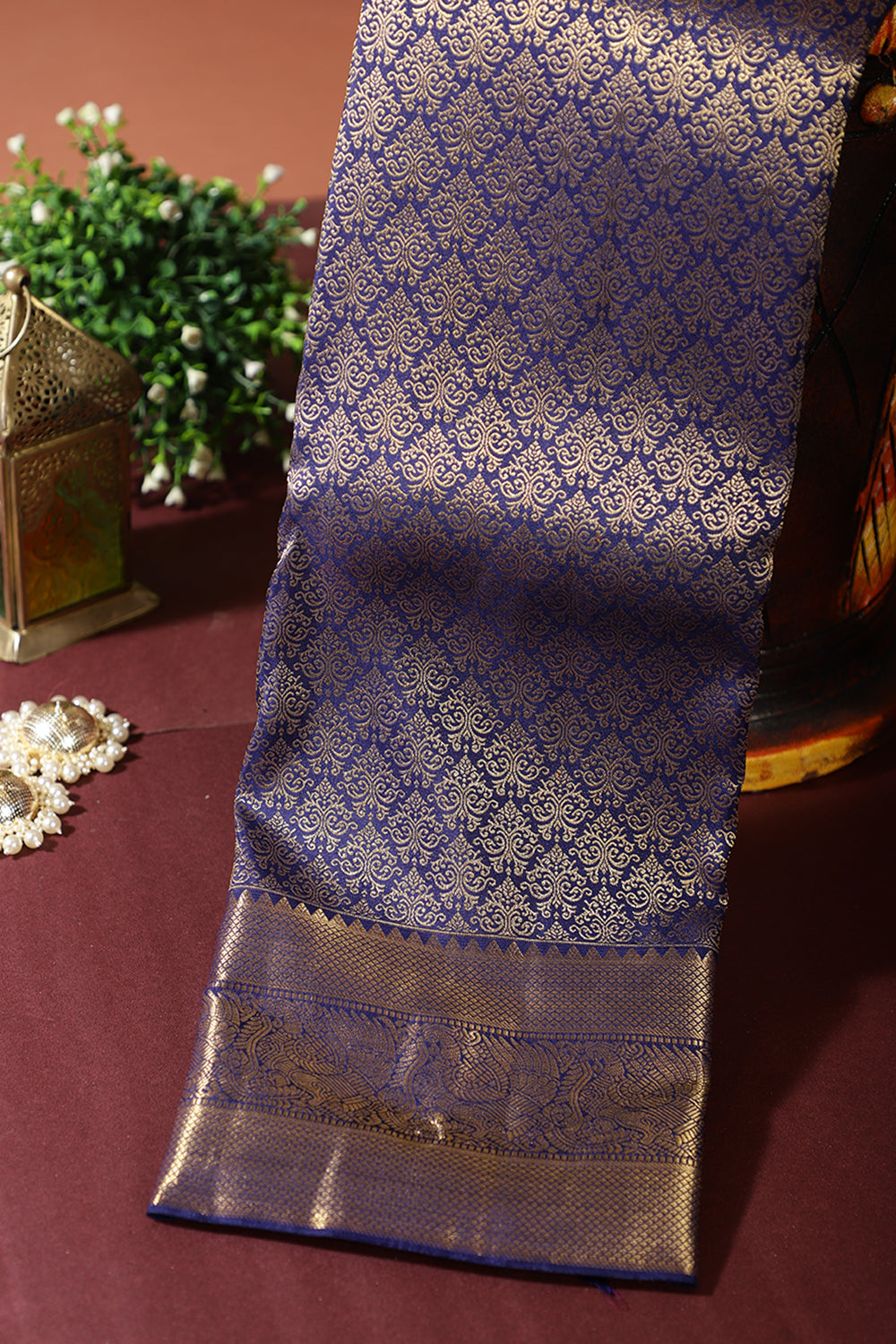 Navy Color Kanjivaram Pure Silk Handloom Gold Zari Saree with Paisley Motifs