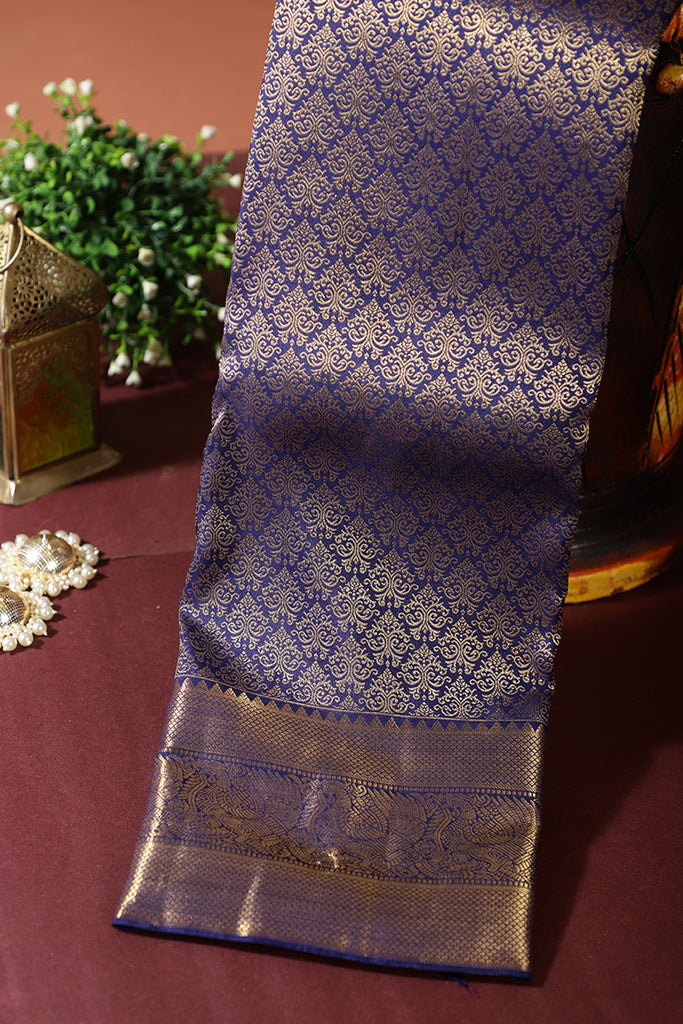 Navy Color Kanjivaram Pure Silk Handloom Gold Zari Saree with Paisley Motifs