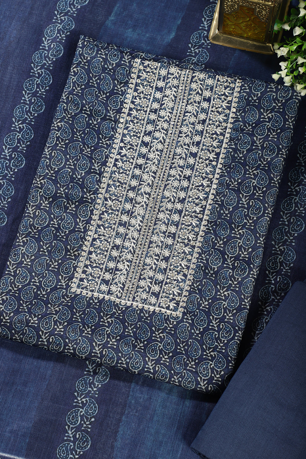 Navy Cotton Silk Printed and Neck Embroidered Unstitched Suit