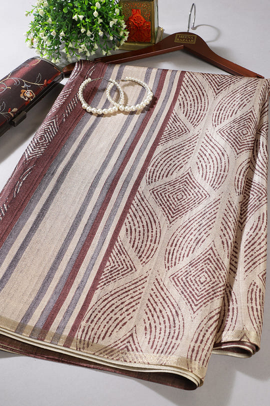 Beige & Brown Tussar Silk Printed Saree