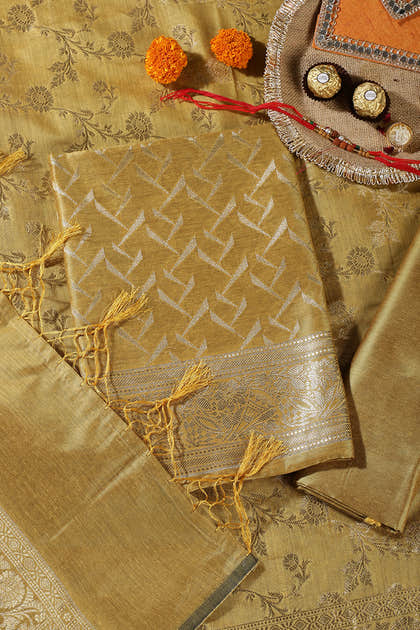 Mustard Colour Zari Woven Silk Unstitched Suit Material