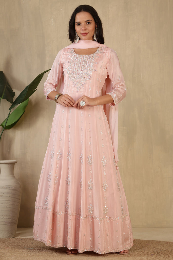 Baby Pink Embroidred Crepe Silk Anarkali Suit