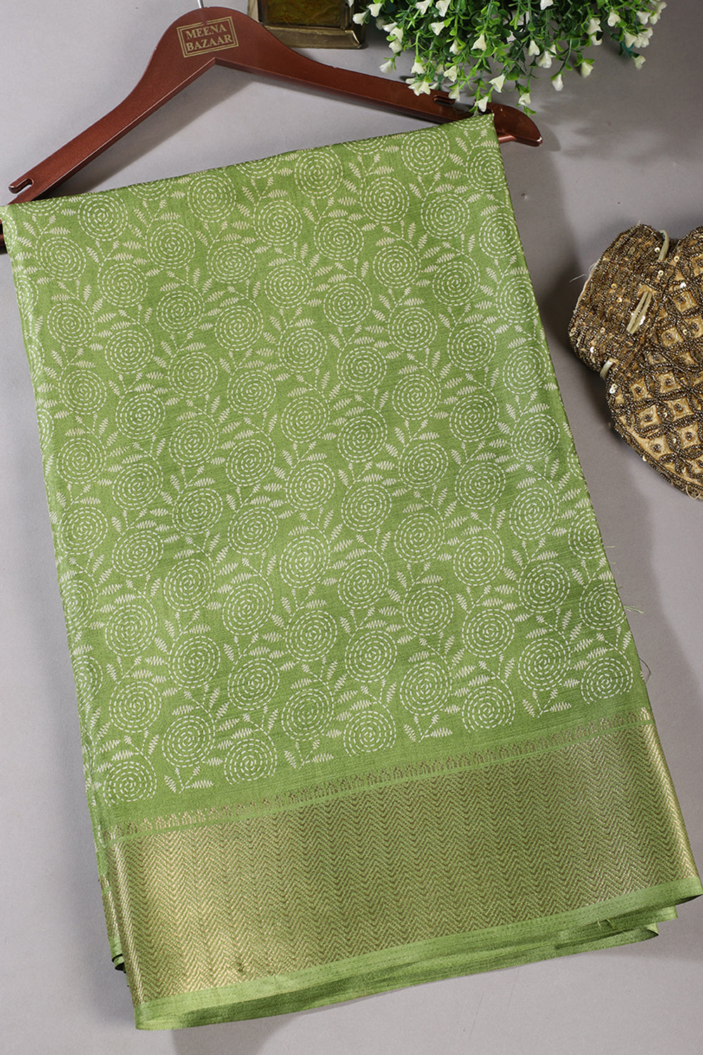 Green Printed & Woven Cotton Silk Saree