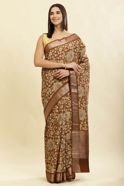 Brown Floral Printed & Zari Border Cotton Silk Saree