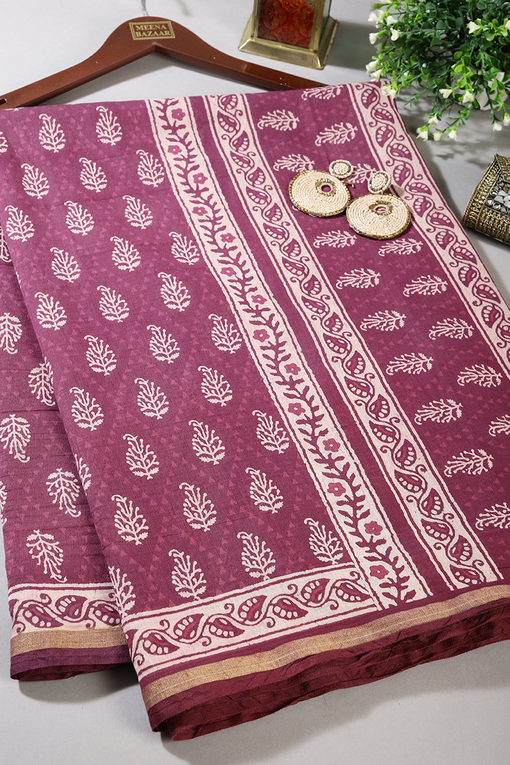 Light Plum Color Cotton Hand-Block Style Printed Saree