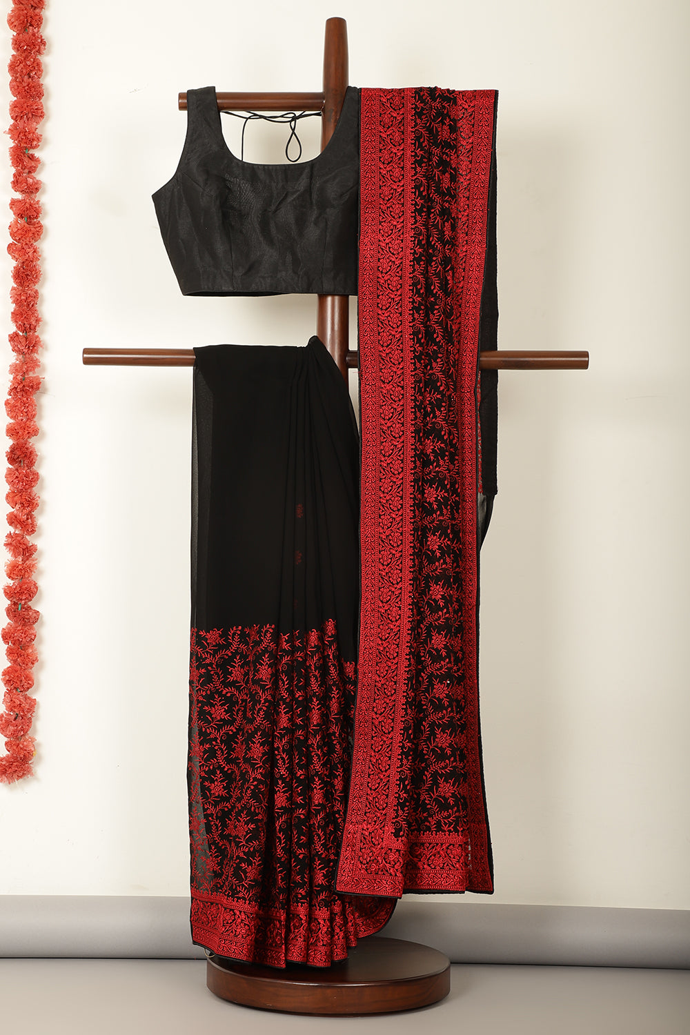 Black & Red Georgette Resham Floral Jal Woven And Swarovski Work Saree