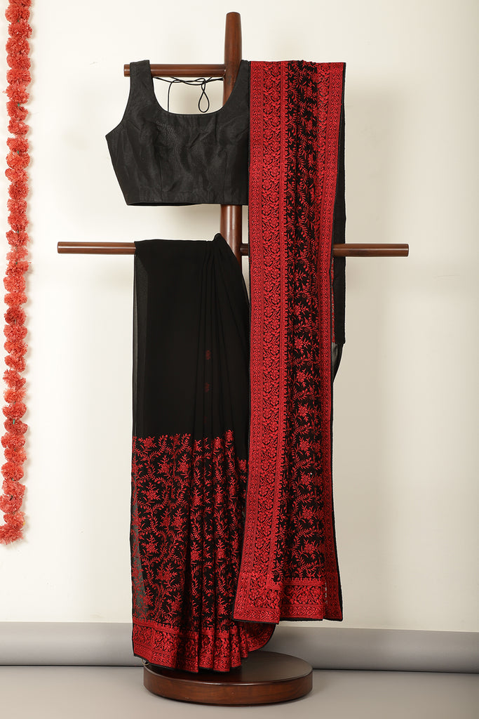 Black & Red Georgette Resham Floral Jal Woven And Swarovski Work Saree