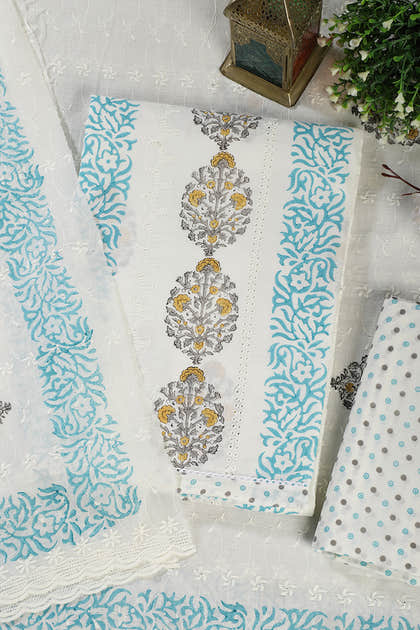 Cream & Blue Printed And Resham Embroidered Unstitched Suit Fabric