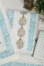 Cream & Blue Printed And Resham Embroidered Unstitched Suit Fabric